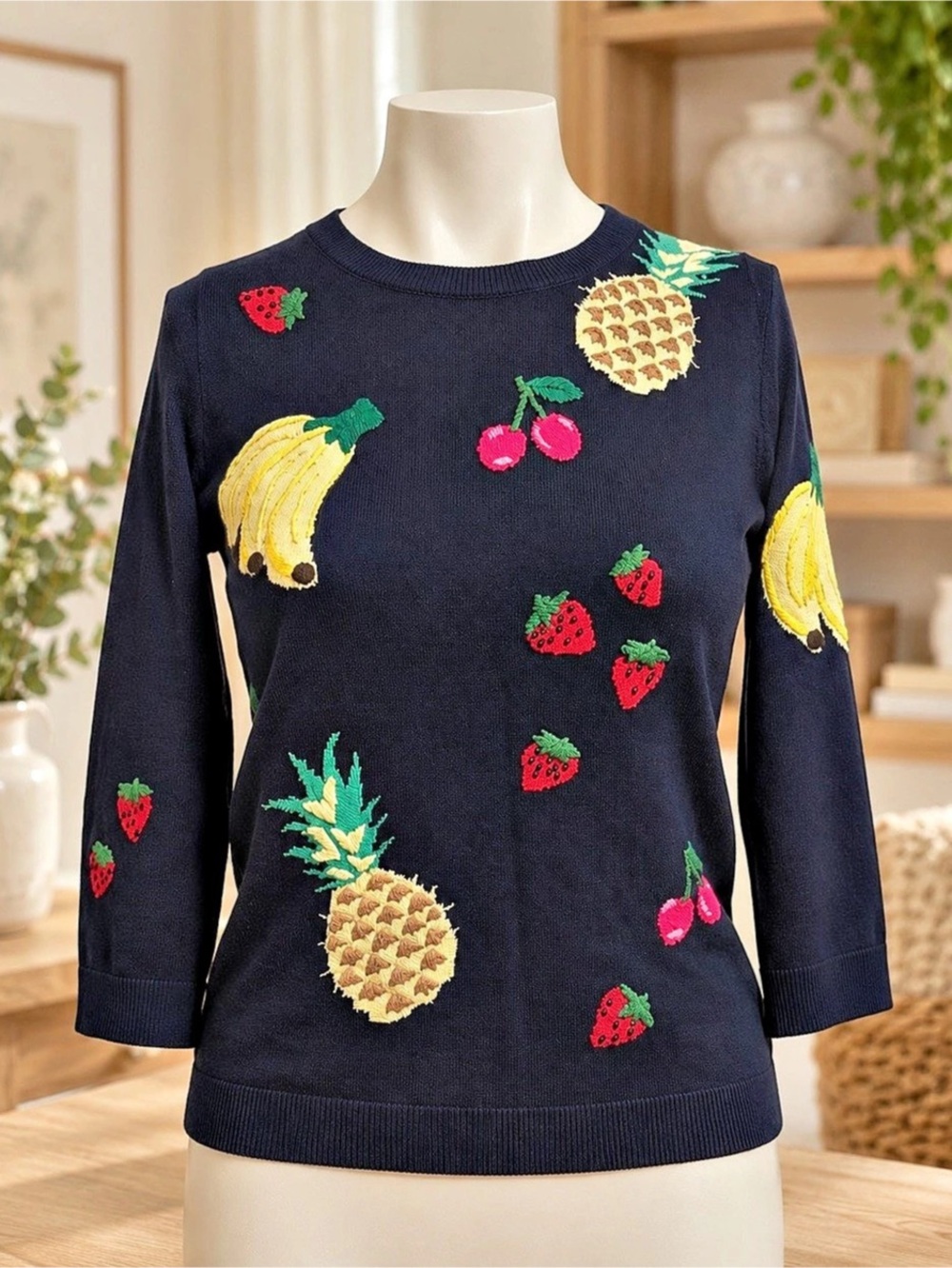 Talbots Navy Embroidered Fruit Sweater XS 3/4 Sleeve